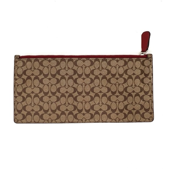 Coach Envelope Wallet Signature Canvas Logo Clutch Brown Tan Red Flat Pouch EUC - Picture 3 of 8